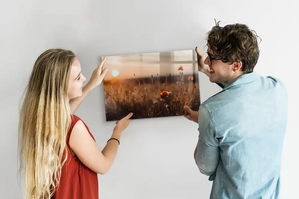 Tableau magnétique en verre motif prairie au lever du soleil