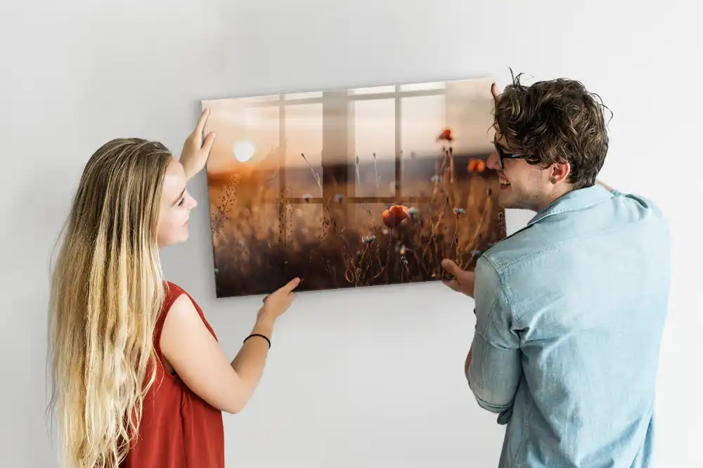 Tableau magnétique en verre motif prairie au lever du soleil