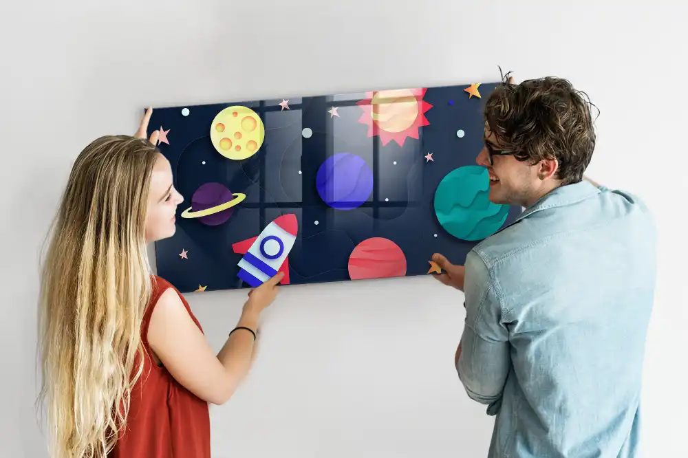 Tableau magnétique en verre pour enfants motif espace