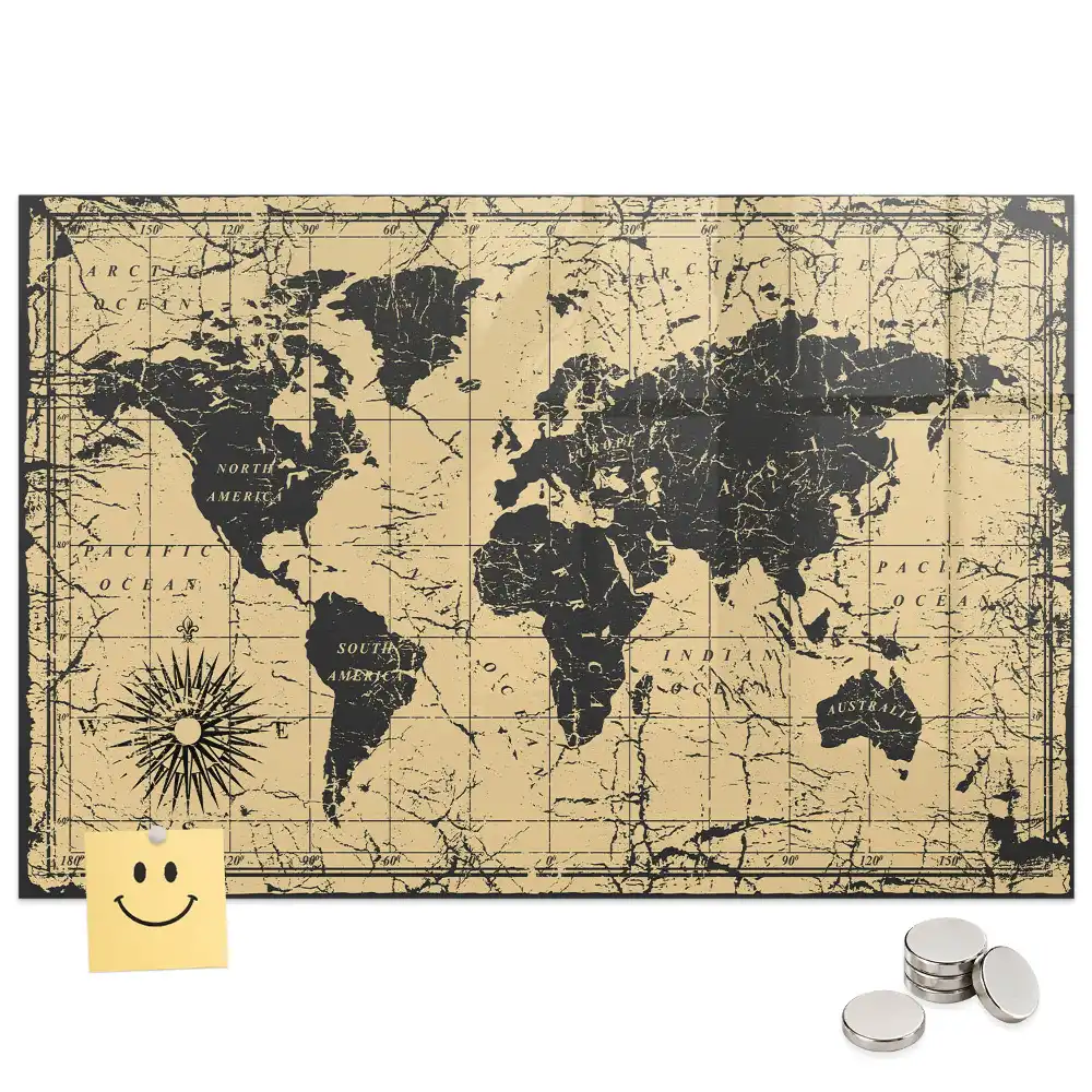 Tableau mural magnétique carte du monde style rétro