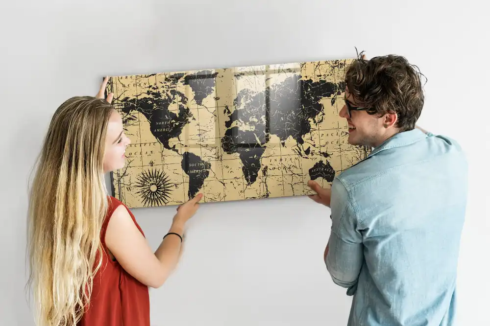 Tableau mural magnétique carte du monde style rétro