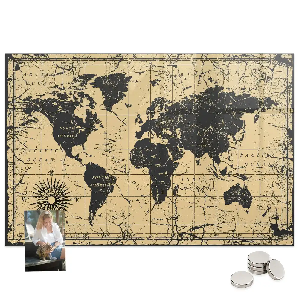 Tableau mural magnétique carte du monde style rétro