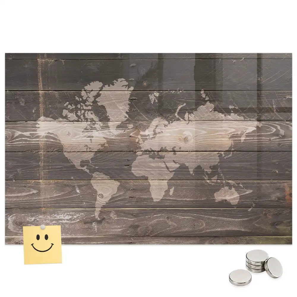 Tableau magnétique en verre avec motif carte du monde en bois