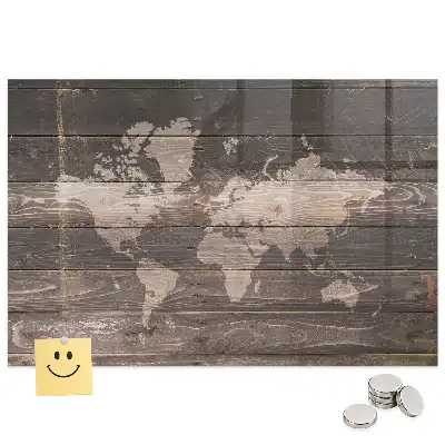 Tableau magnétique en verre avec motif carte du monde en bois