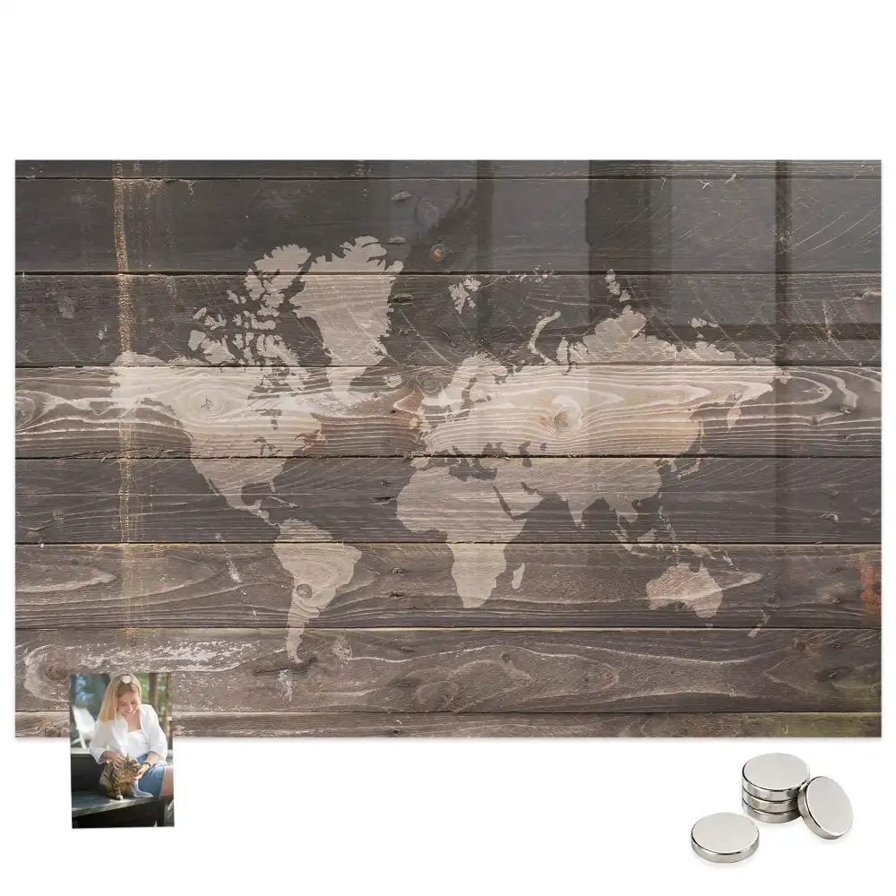 Tableau magnétique en verre avec motif carte du monde en bois