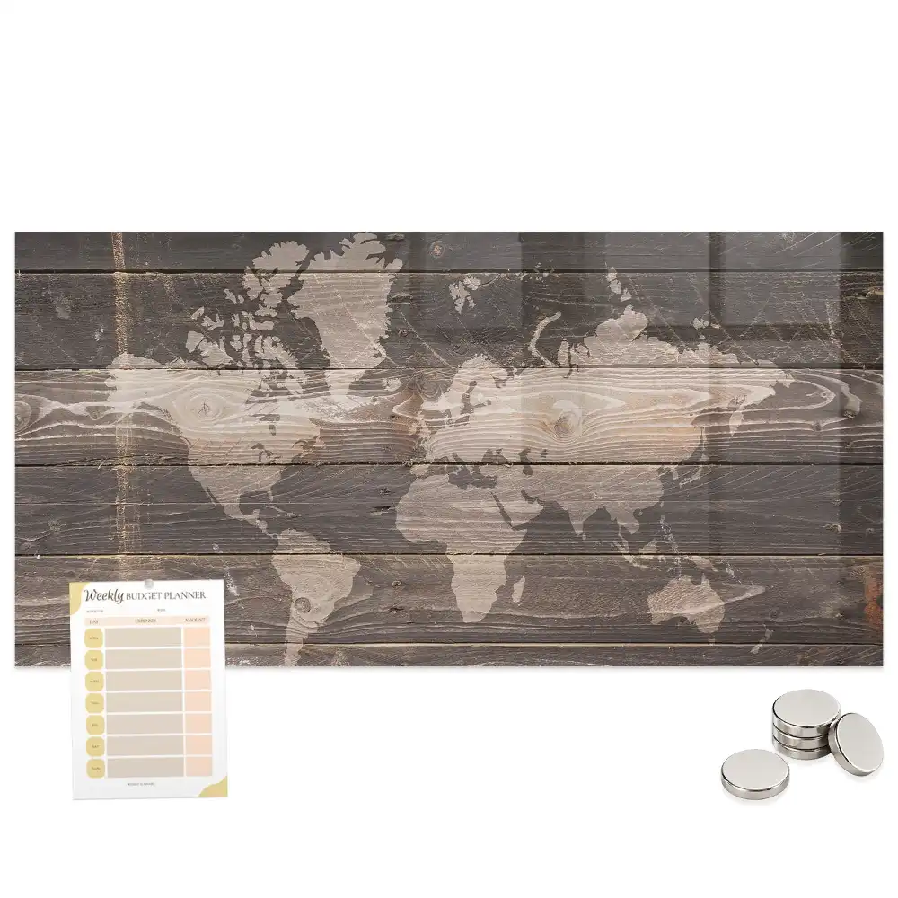 Tableau magnétique en verre avec motif carte du monde en bois