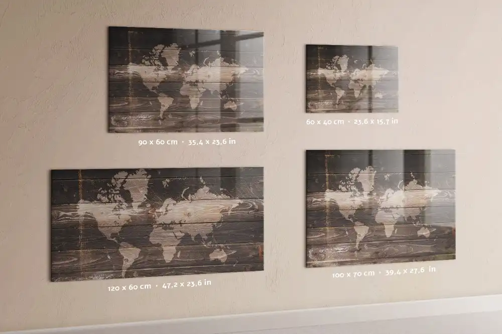 Tableau magnétique en verre avec motif carte du monde en bois