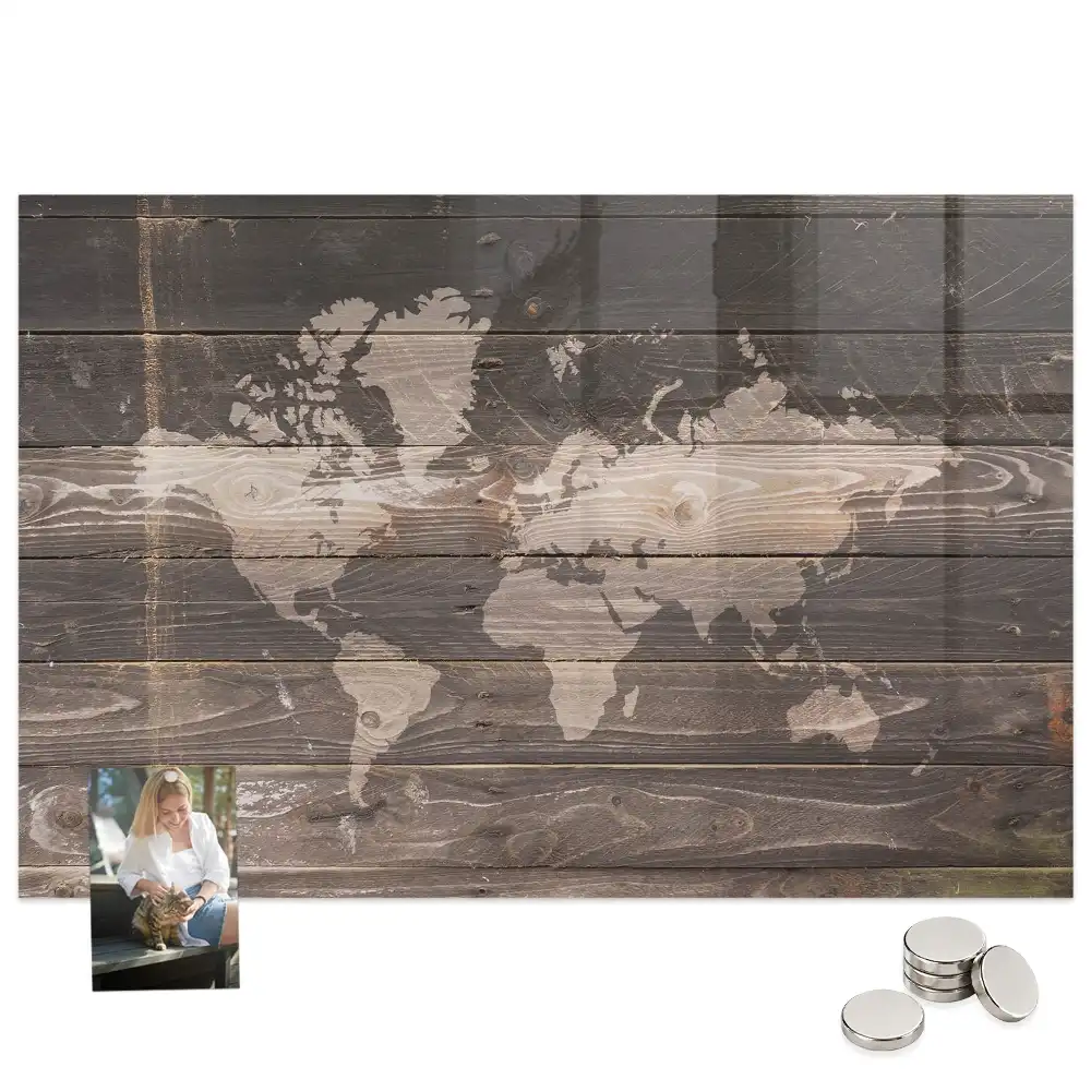Tableau magnétique en verre avec motif carte du monde en bois