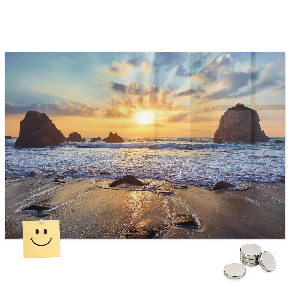 Tableau magnétique en verre motif coucher de soleil sur la plage