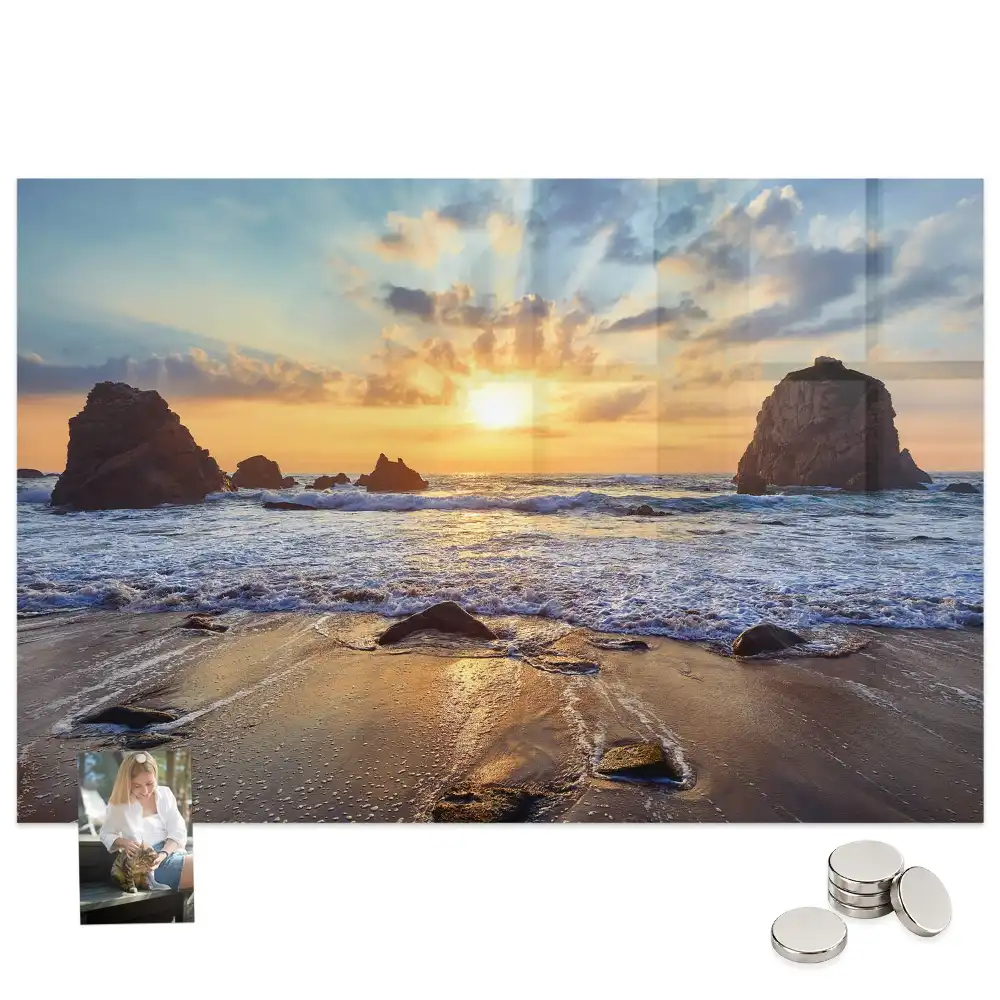 Tableau magnétique en verre motif coucher de soleil sur la plage