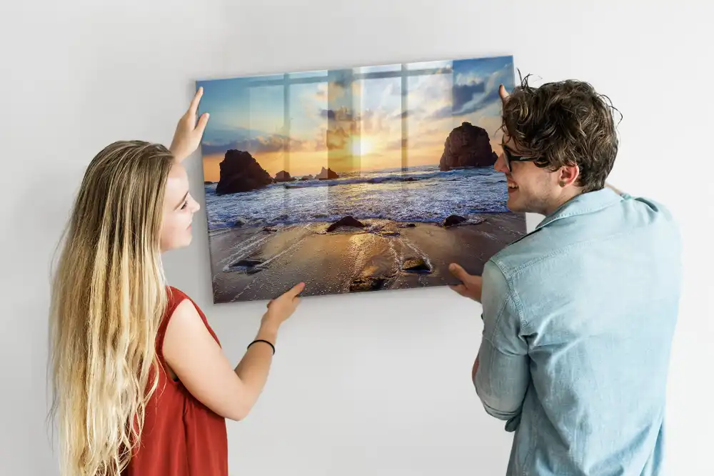 Tableau magnétique en verre motif coucher de soleil sur la plage