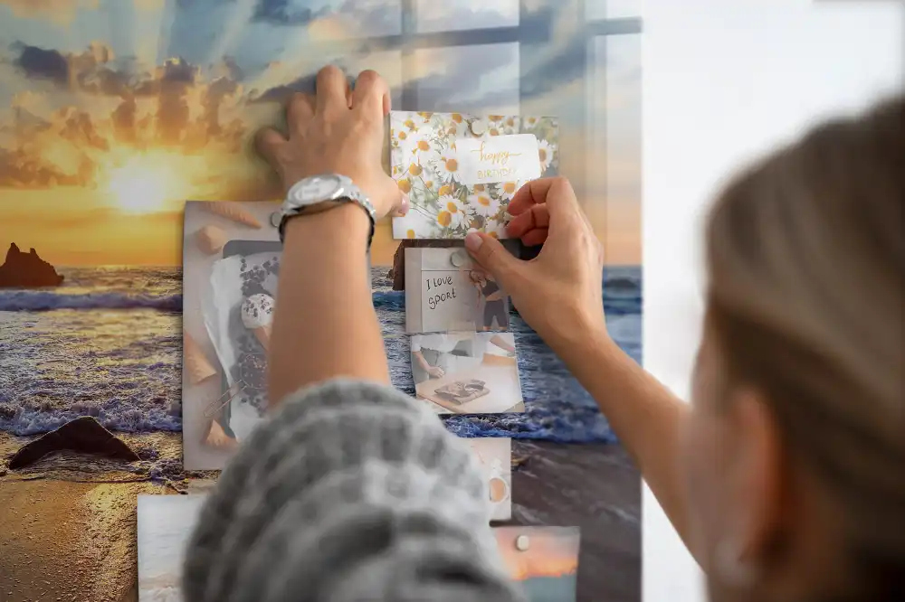 Tableau magnétique en verre motif coucher de soleil sur la plage