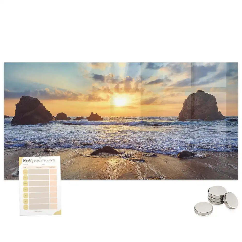 Tableau magnétique en verre motif coucher de soleil sur la plage