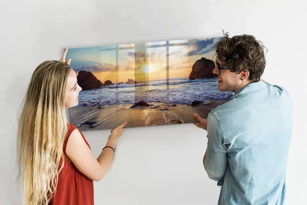 Tableau magnétique en verre motif coucher de soleil sur la plage