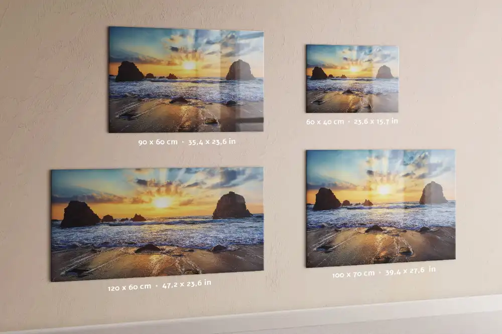 Tableau magnétique en verre motif coucher de soleil sur la plage