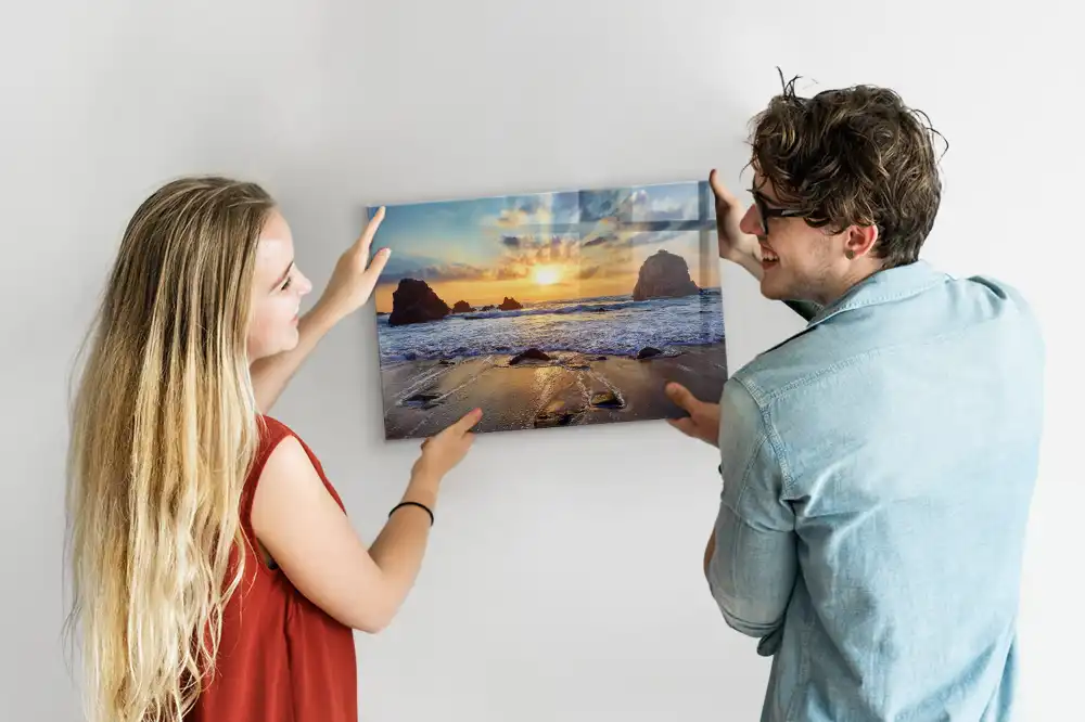 Tableau magnétique en verre motif coucher de soleil sur la plage