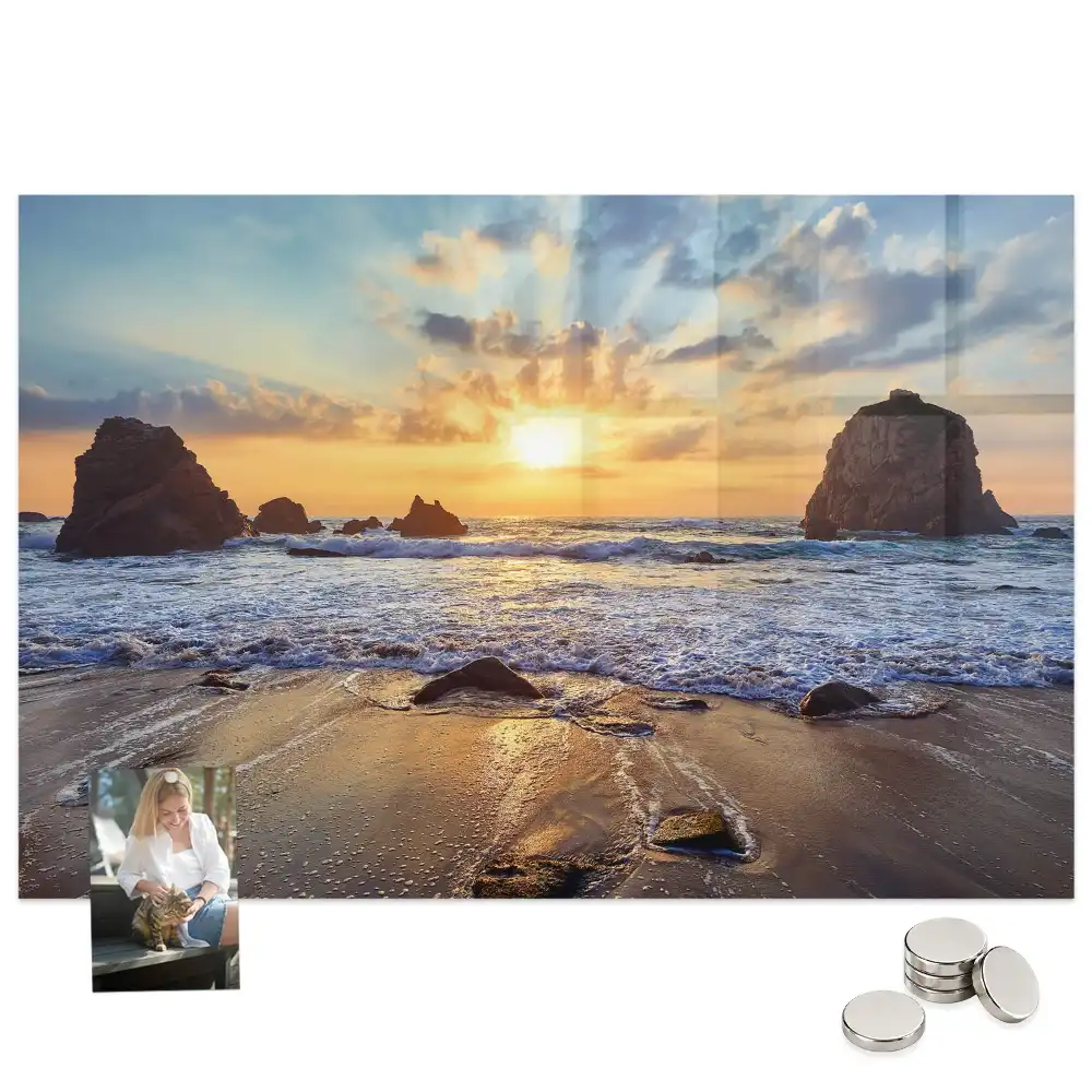 Tableau magnétique en verre motif coucher de soleil sur la plage