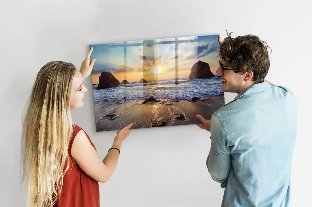 Tableau magnétique en verre motif coucher de soleil sur la plage