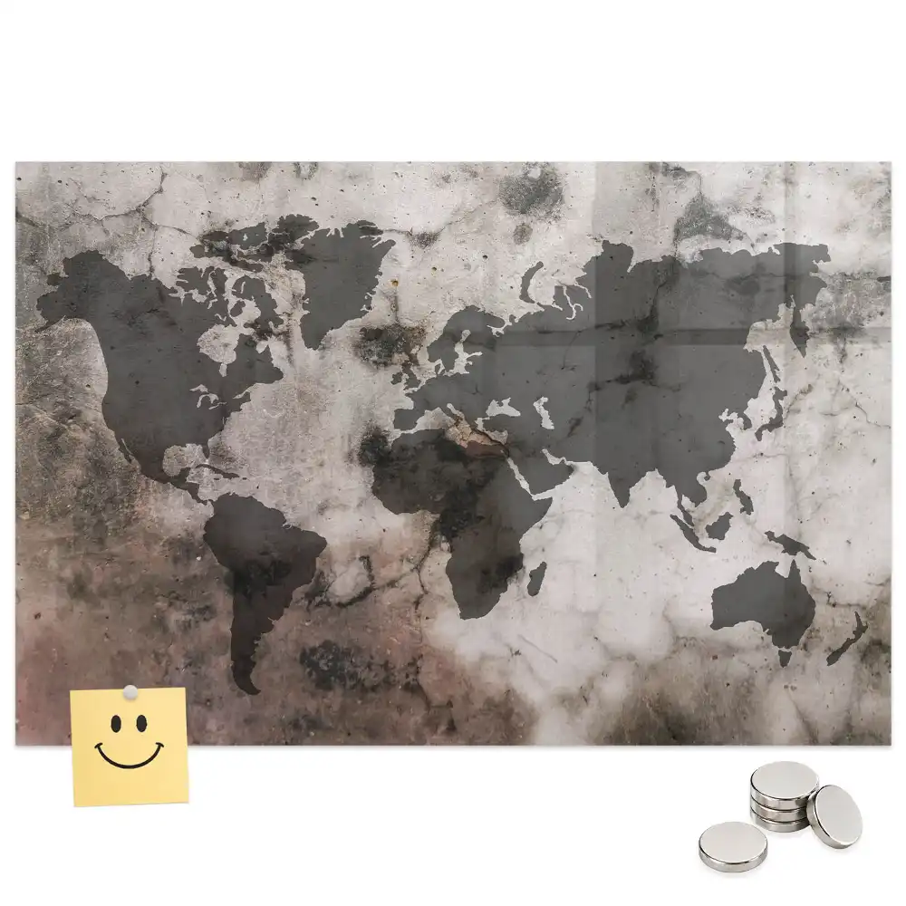 Tableau magnétique en verre motif carte du monde effet béton