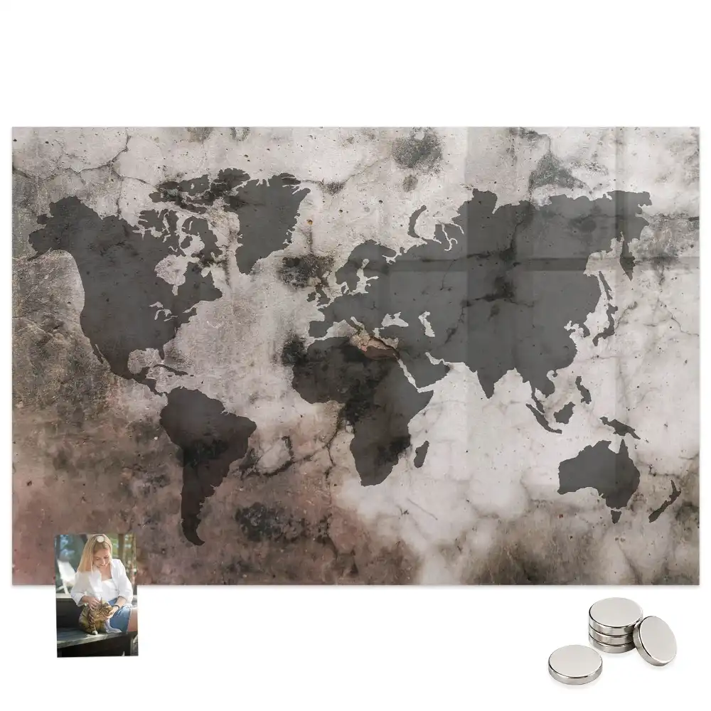 Tableau magnétique en verre motif carte du monde effet béton
