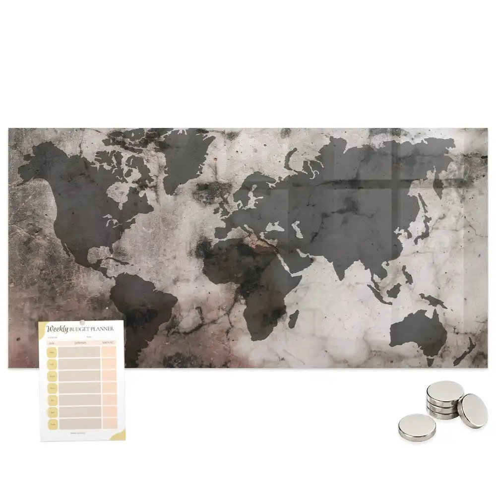Tableau magnétique en verre motif carte du monde effet béton