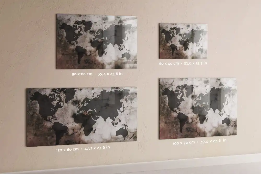 Tableau magnétique en verre motif carte du monde effet béton