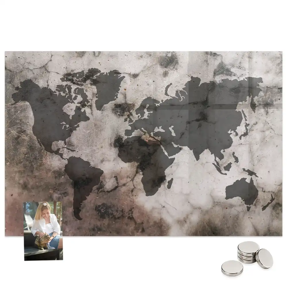 Tableau magnétique en verre motif carte du monde effet béton