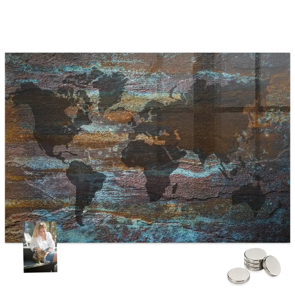 Tableau mural magnétique carte du monde effet rouillé