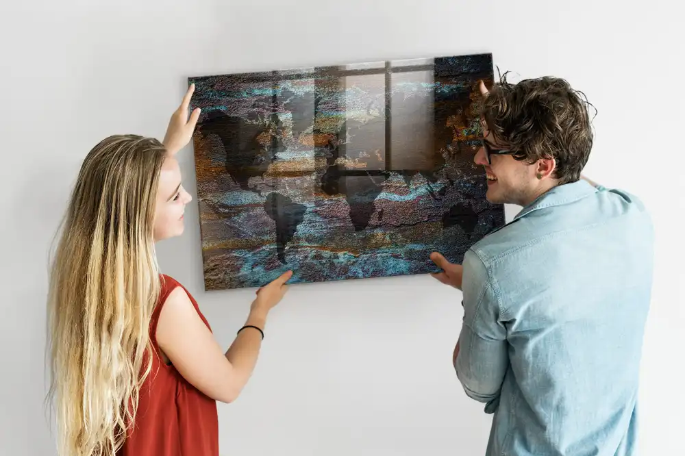 Tableau mural magnétique carte du monde effet rouillé