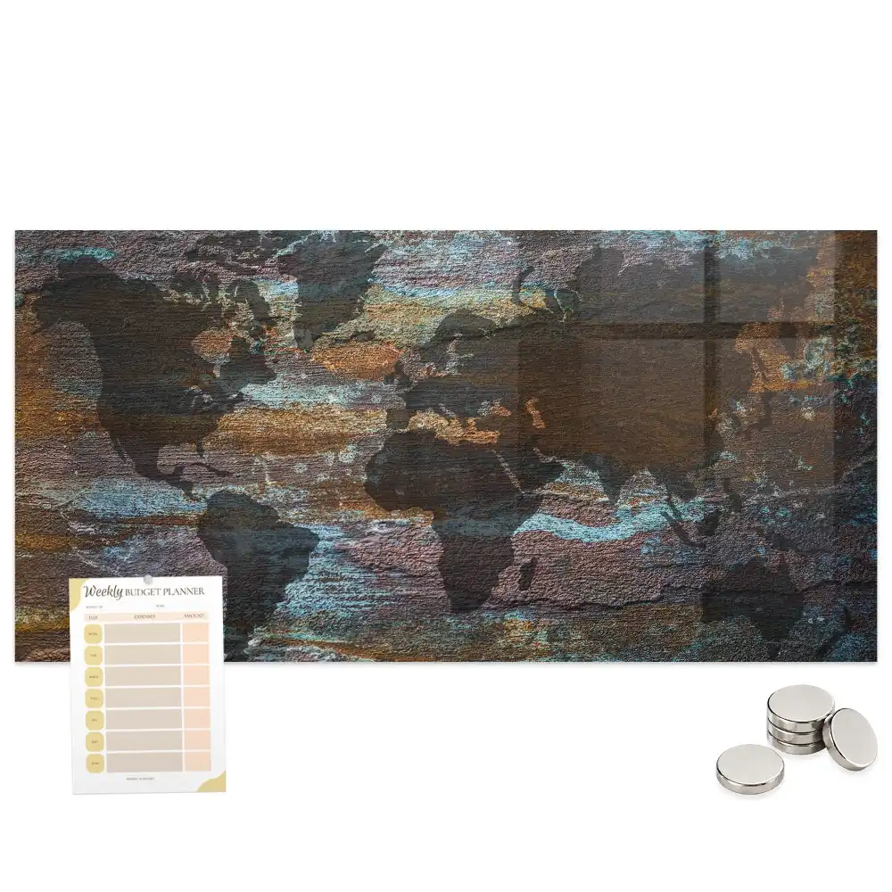 Tableau mural magnétique carte du monde effet rouillé