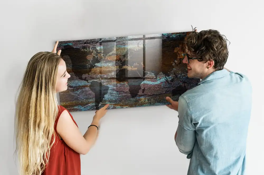 Tableau mural magnétique carte du monde effet rouillé