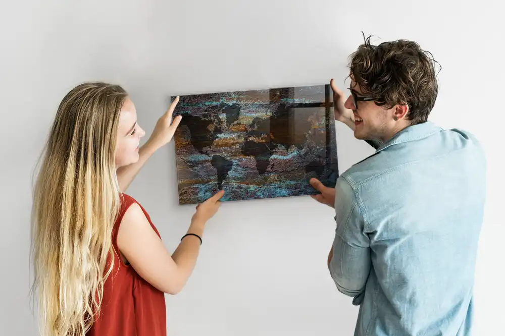 Tableau mural magnétique carte du monde effet rouillé