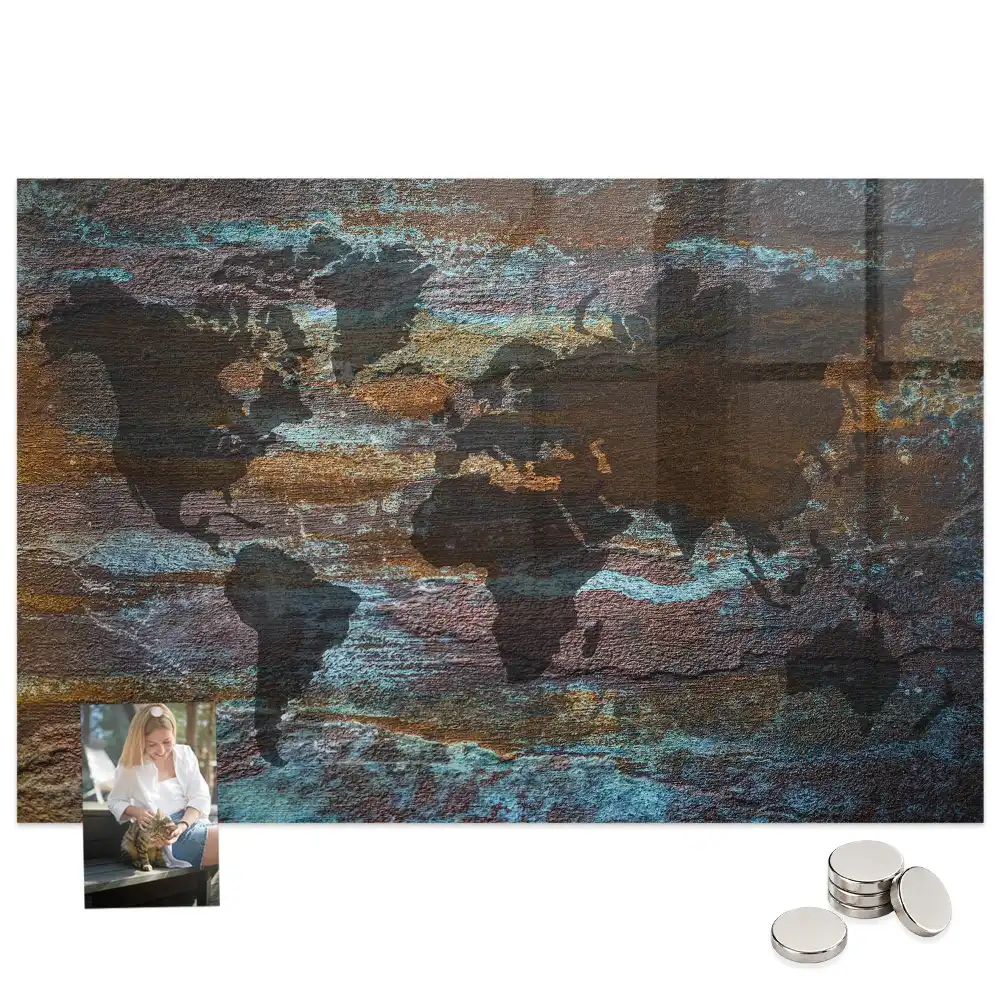 Tableau mural magnétique carte du monde effet rouillé