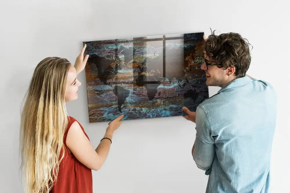 Tableau mural magnétique carte du monde effet rouillé