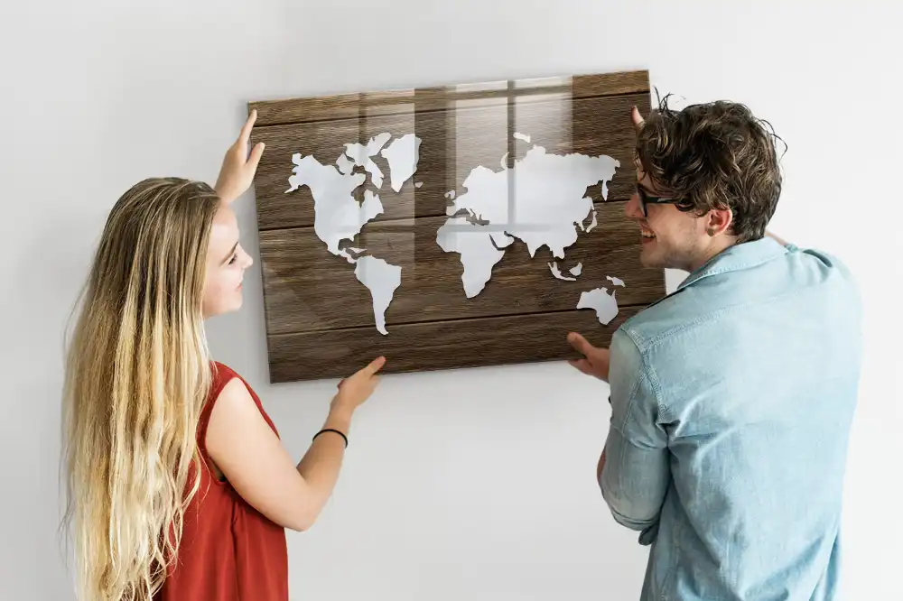 Tableau mural magnétique carte du monde en bois