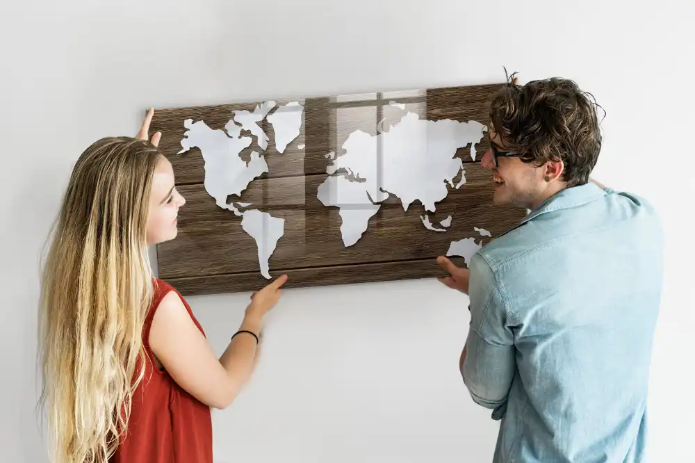 Tableau mural magnétique carte du monde en bois