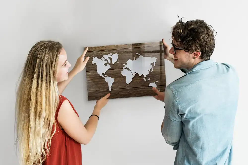 Tableau mural magnétique carte du monde en bois