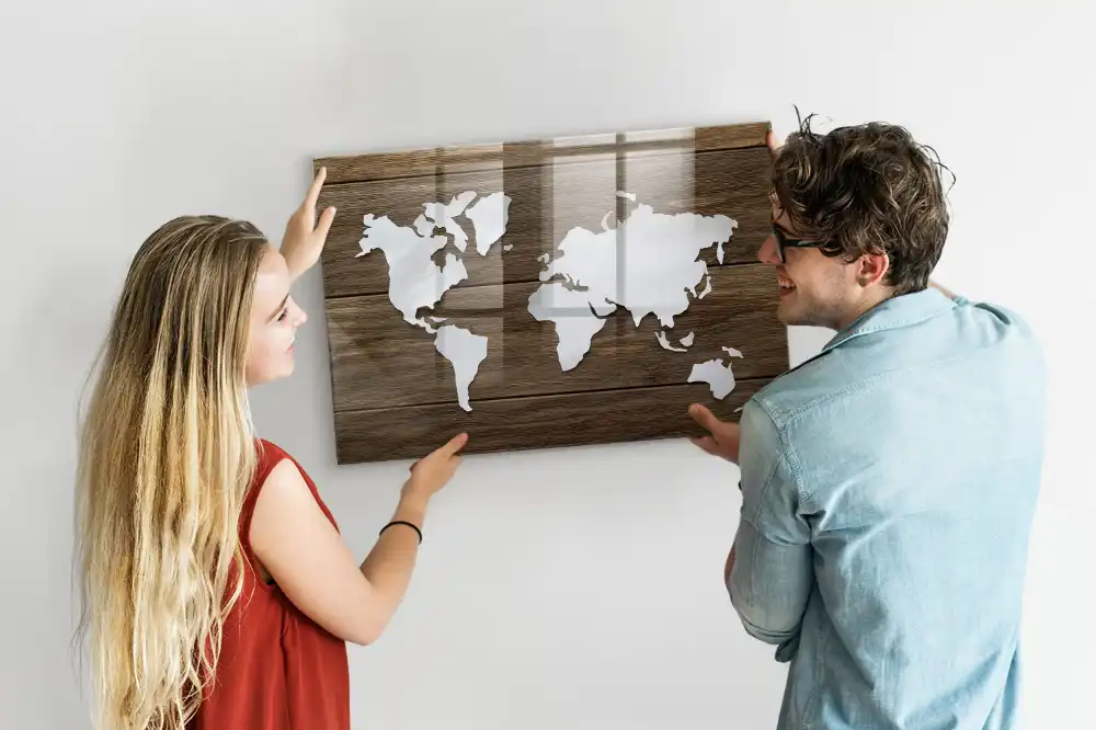 Tableau mural magnétique carte du monde en bois