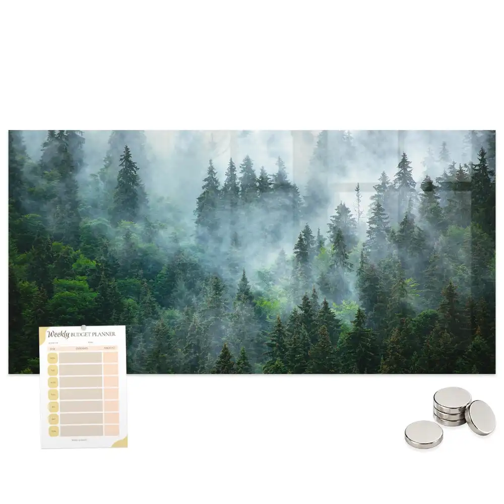 Tableau en verre magnétique motif forêt brumeuse