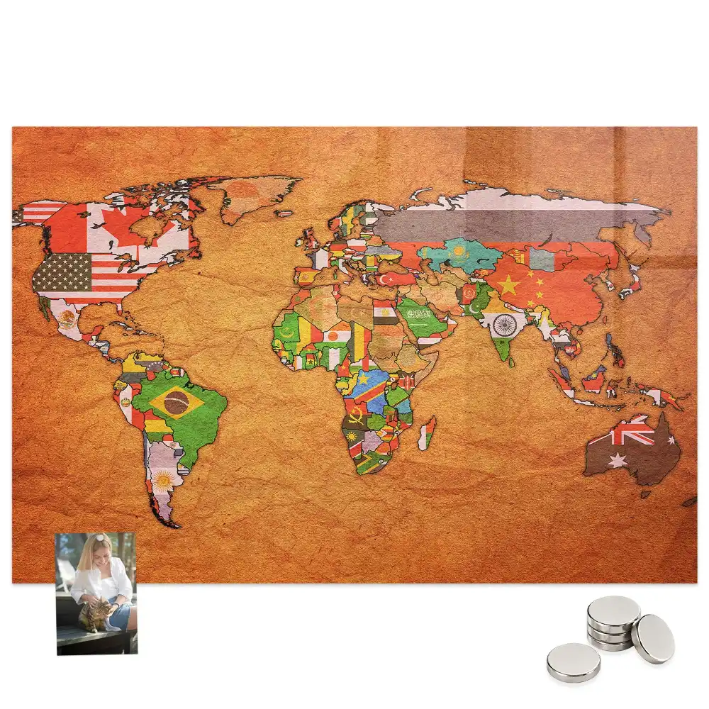 Tableau magnétique en verre avec carte du monde politique