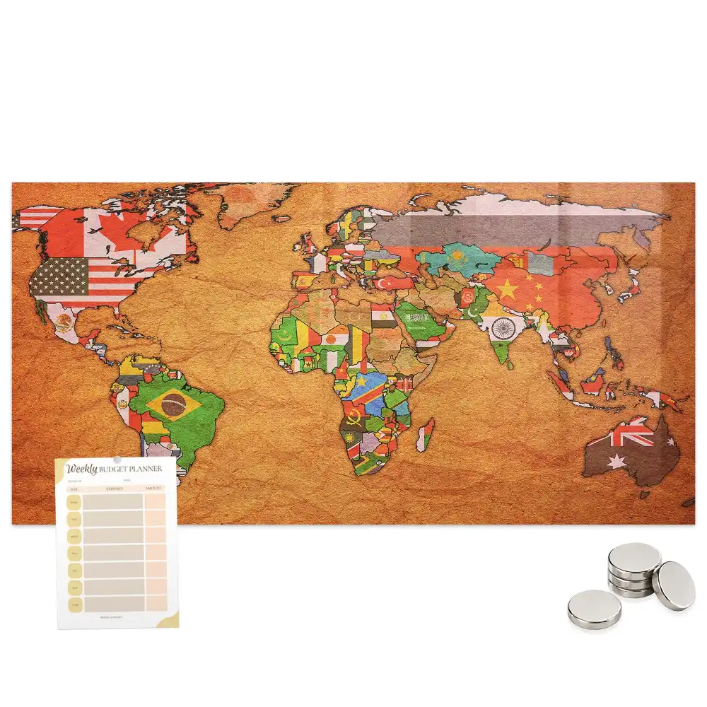 Tableau magnétique en verre avec carte du monde politique