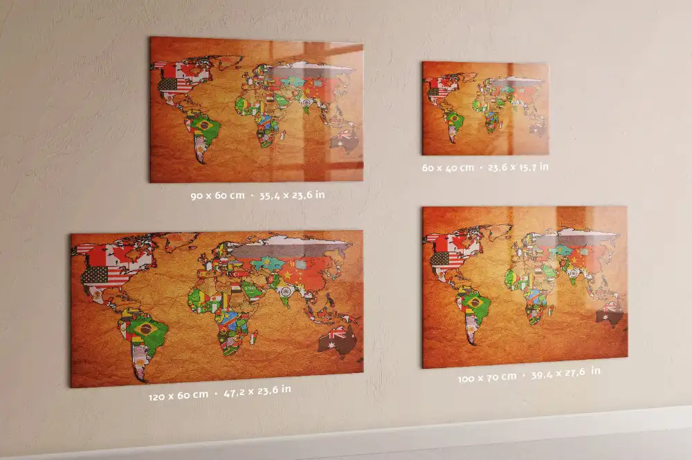 Tableau magnétique en verre avec carte du monde politique