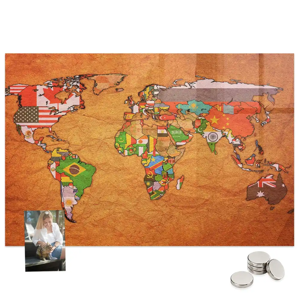 Tableau magnétique en verre avec carte du monde politique