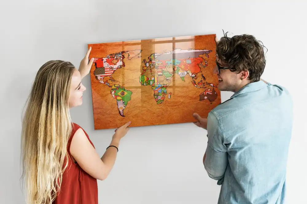 Tableau magnétique en verre avec carte du monde politique