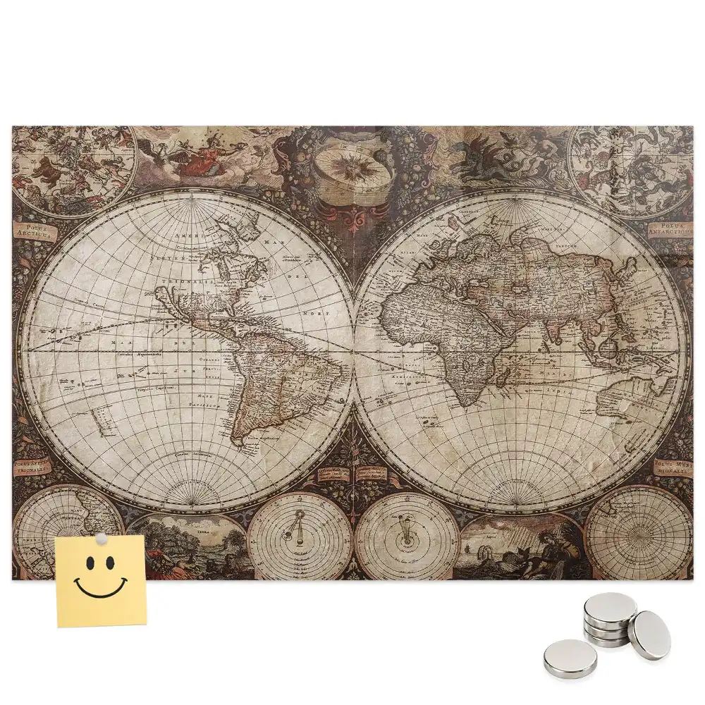 Tableau magnétique en verre avec carte du monde historique