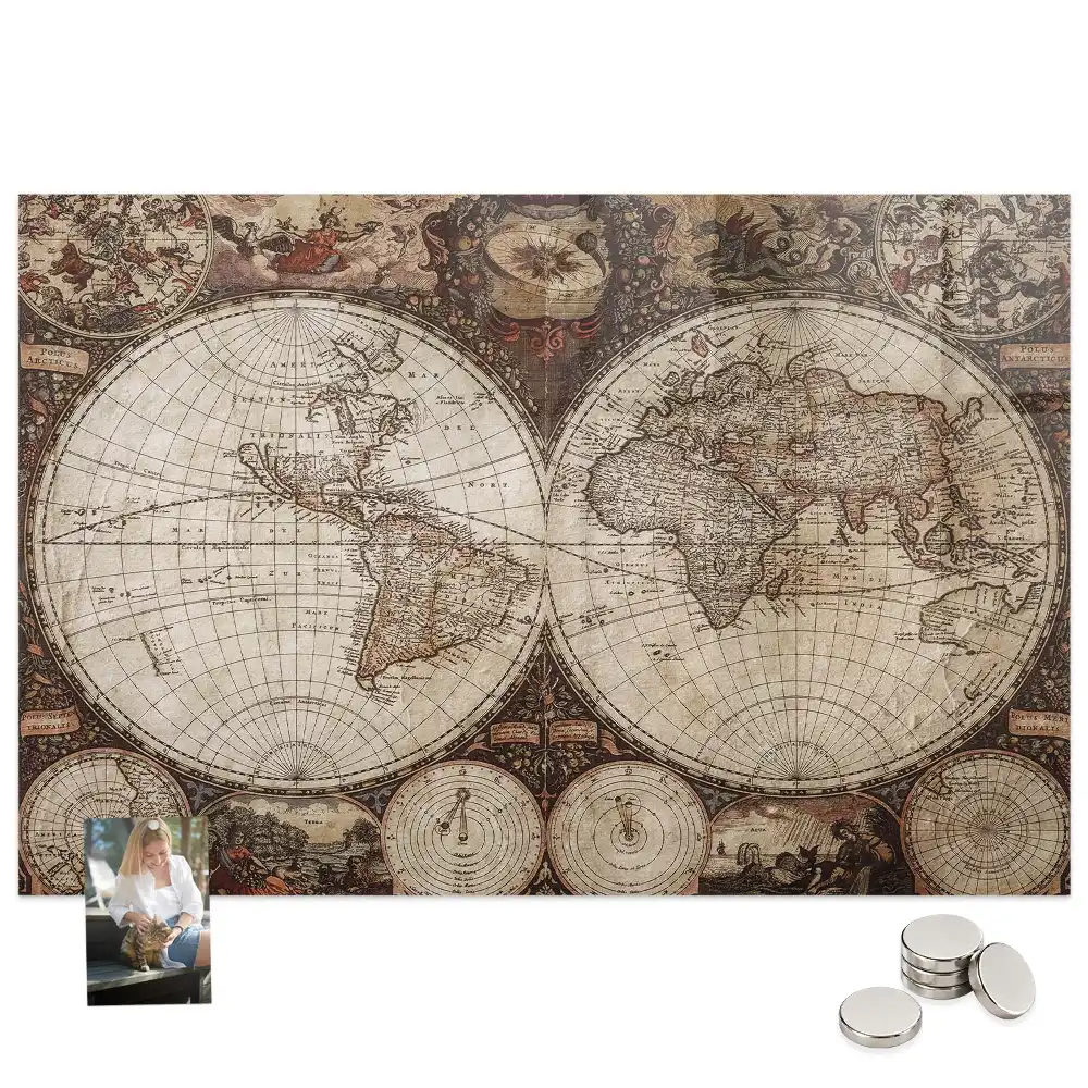 Tableau magnétique en verre avec carte du monde historique