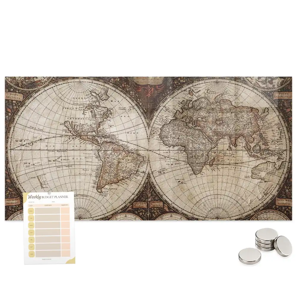 Tableau magnétique en verre avec carte du monde historique