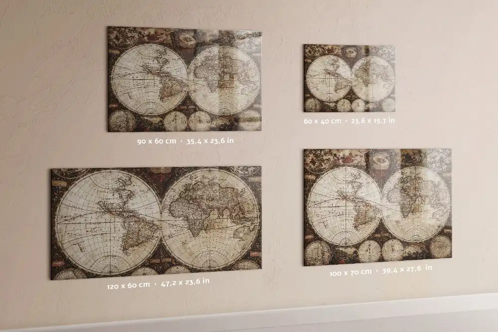 Tableau magnétique en verre avec carte du monde historique