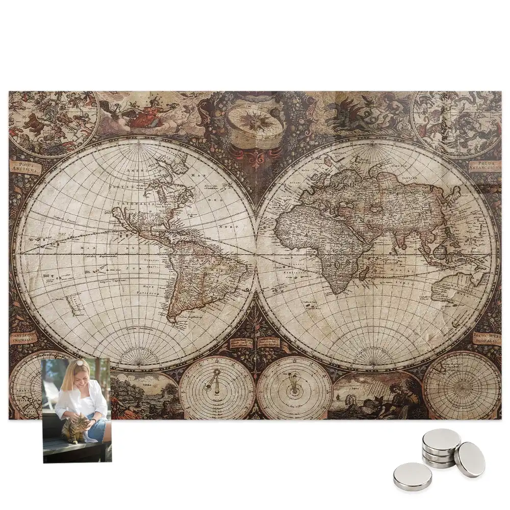 Tableau magnétique en verre avec carte du monde historique
