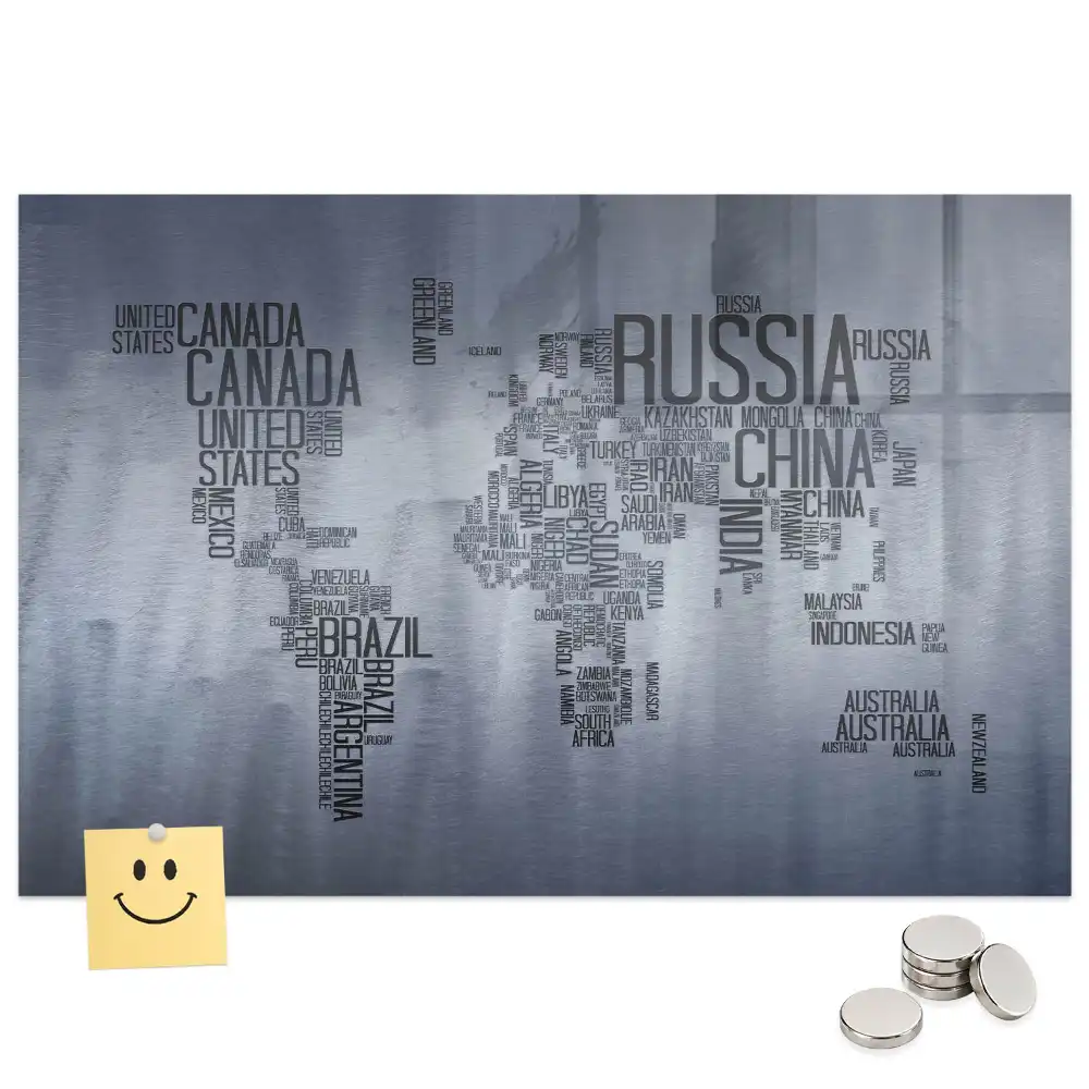 Tableau magnétique en verre avec carte du monde typographique